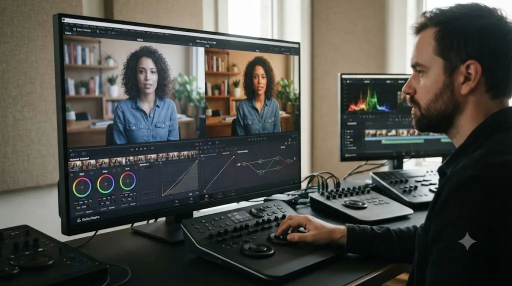 Illustration of a DaVinci Resolve color page showing two interview camera angles being matched to the same look