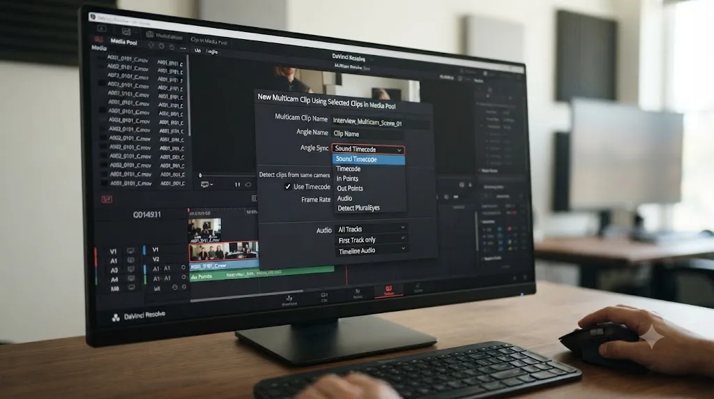 Illustration of the DaVinci Resolve multicam clip creation dialog with angle sync method options