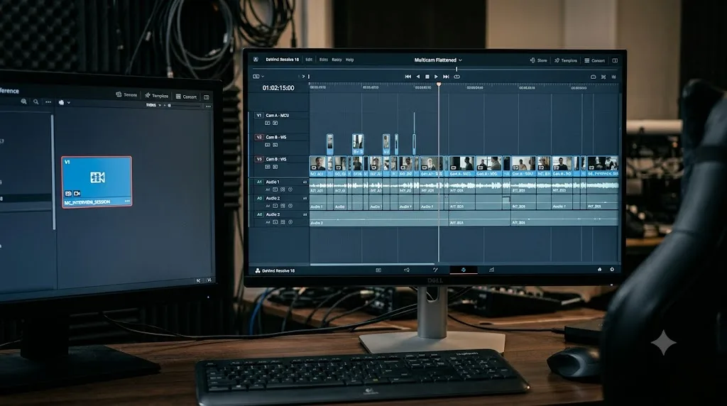 Illustration of a DaVinci Resolve multicam clip being flattened into individual source clips on a timeline