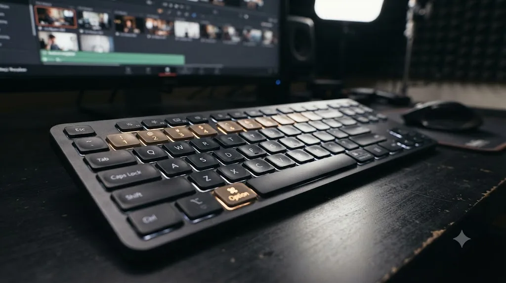 Illustration of a keyboard with number keys highlighted for DaVinci Resolve multicam angle switching shortcuts