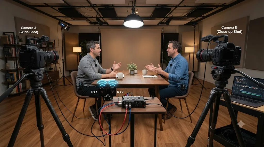 Illustration of camera placement and wireless microphone routing for a two-camera interview shoot
