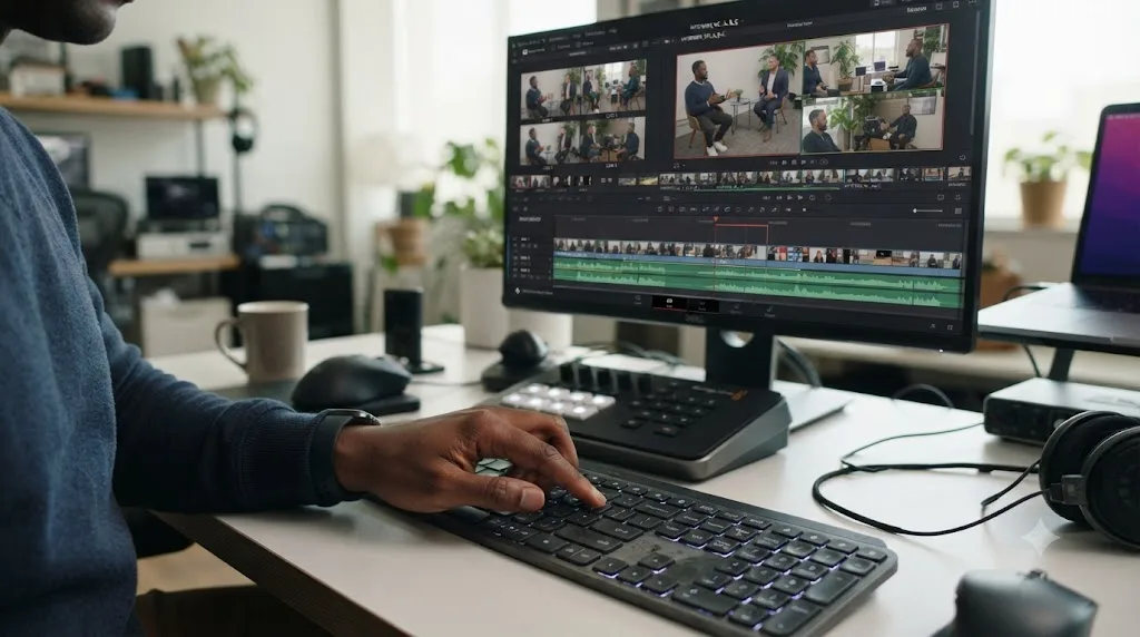 Illustration of an editor cutting a multicam interview live in DaVinci Resolve using keyboard number keys