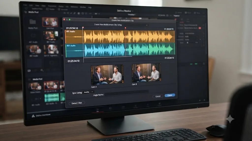 Illustration of two camera audio waveforms lining up during DaVinci Resolve multicam sync