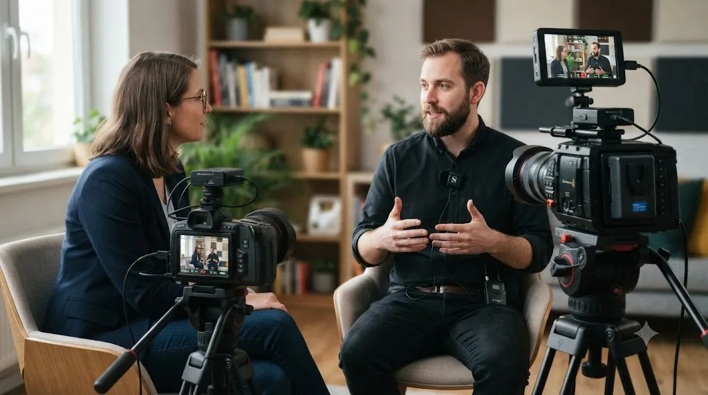 Illustration of a two-camera interview setup with a single wireless lavalier microphone routed to both cameras