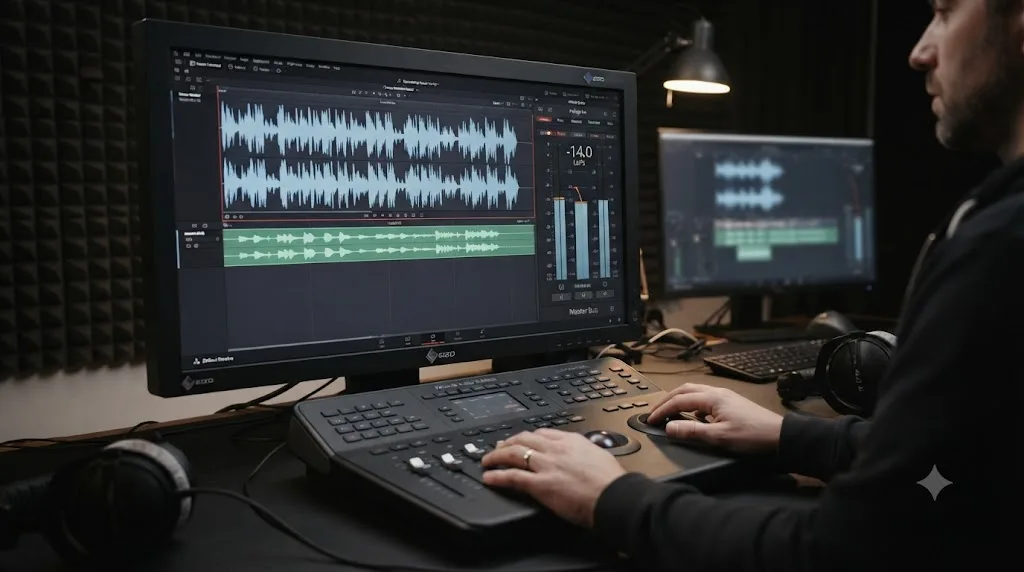 Illustration of the DaVinci Resolve Fairlight page showing an untouched mastered music track and a loudness meter set to -14 LUFS