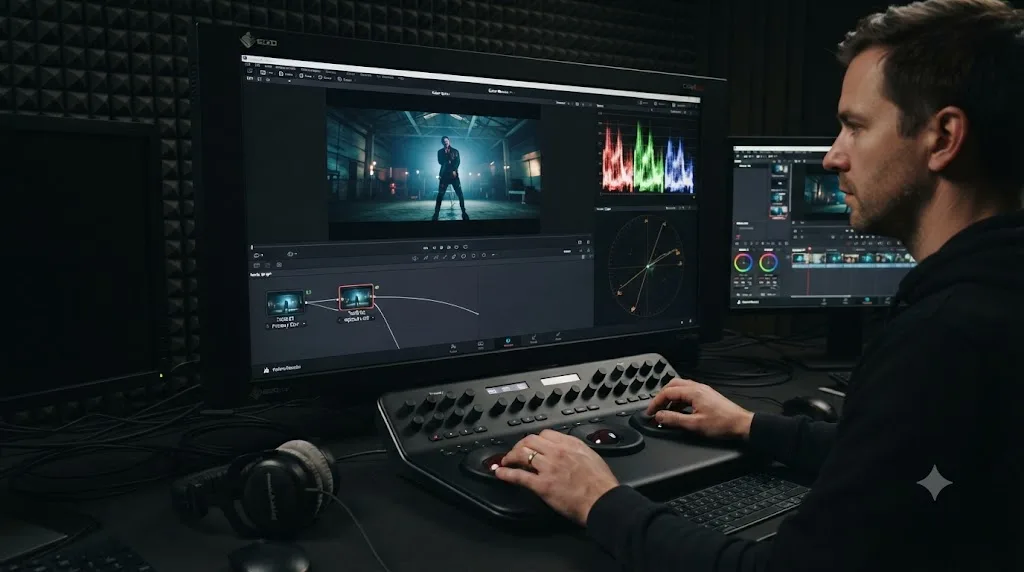 Illustration of the DaVinci Resolve Color page showing a primary correction node and a stylized look node with scopes visible