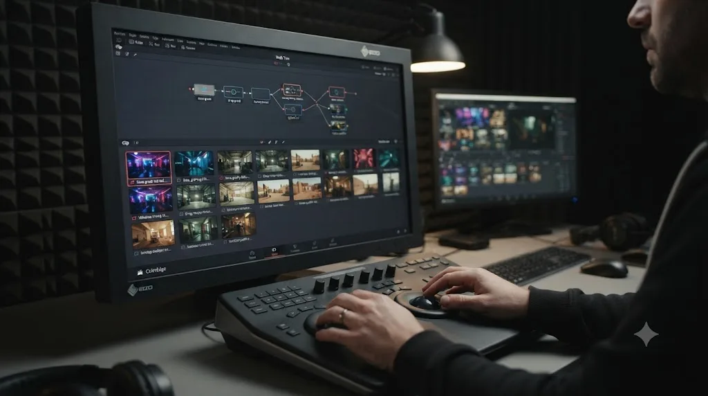 Illustration of a DaVinci Resolve Color Groups panel showing clips from different shoot locations grouped under a shared base grade