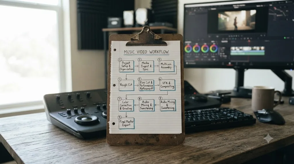 Illustration of a nine-step flowchart showing the DaVinci Resolve music video editing workflow from project setup to export