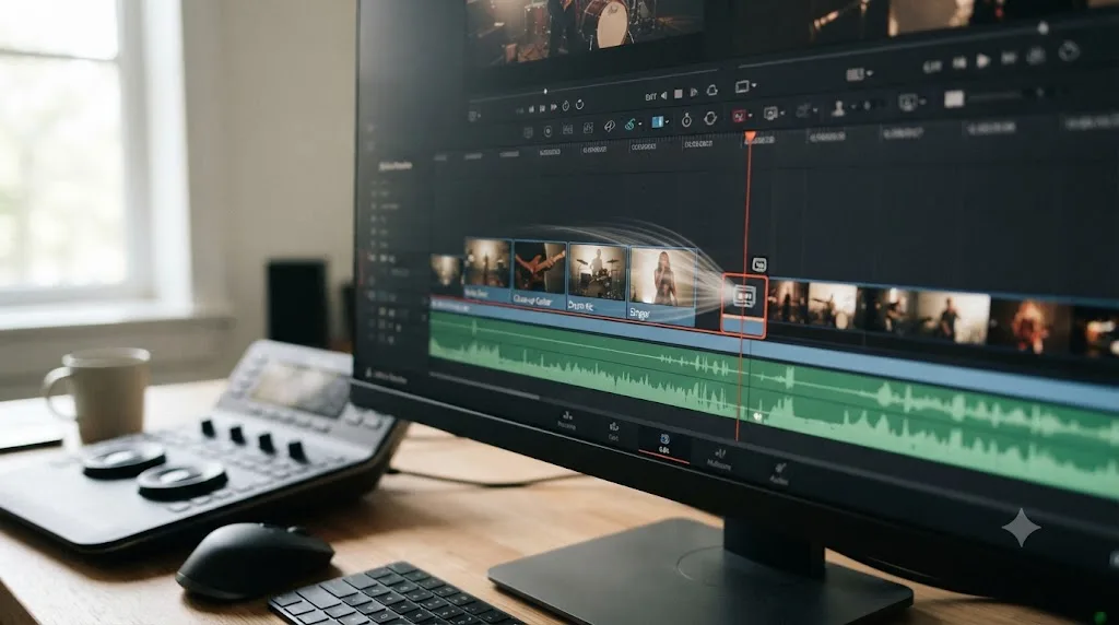 Illustration of four performance camera angles stacked into one multicam clip icon on a DaVinci Resolve timeline