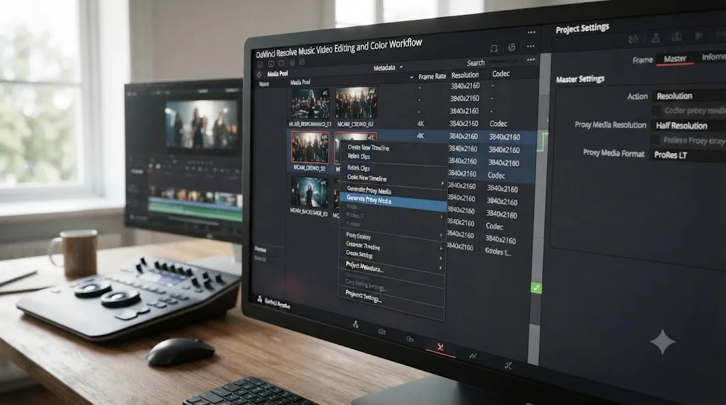 Illustration of a DaVinci Resolve media pool generating proxy media for multicam clips with a proxy resolution setting shown