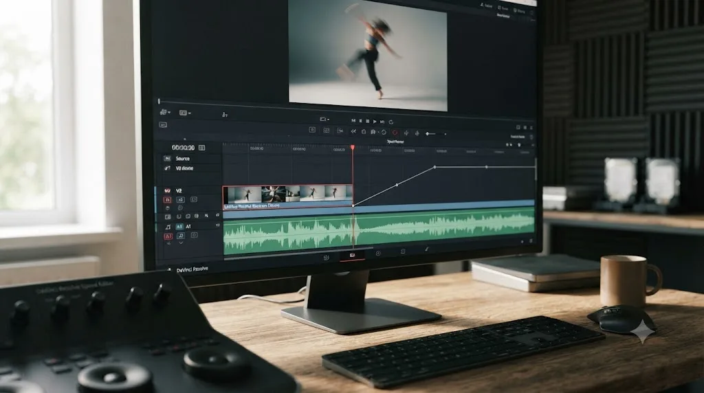 Illustration of a DaVinci Resolve timeline clip speed ramping into a cut point aligned with a beat marker
