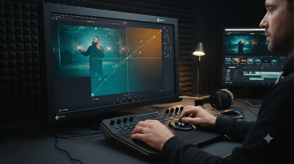Illustration of the DaVinci Resolve Color Warper interface with control points pulled toward teal shadows and orange highlights