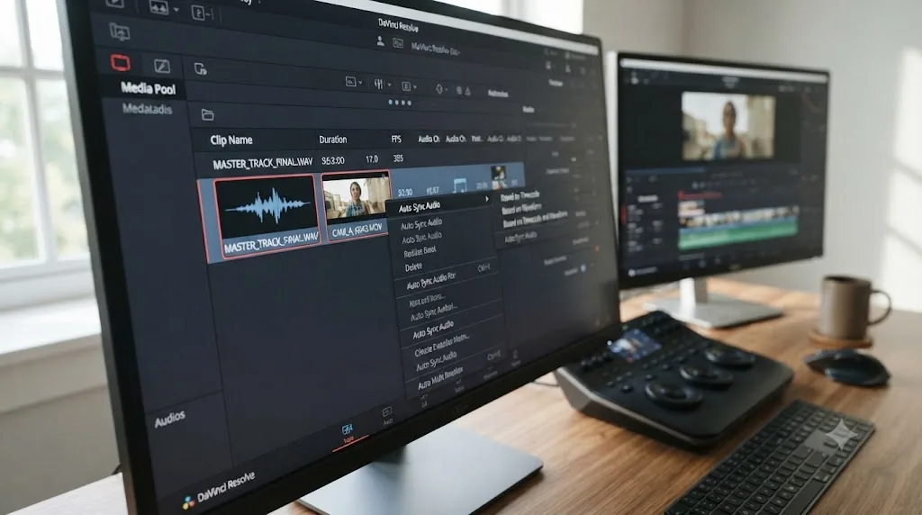 Illustration of a mastered music track and a camera clip selected together in a DaVinci Resolve media pool with a sync menu open