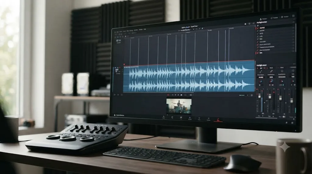Illustration of the DaVinci Resolve Fairlight page showing Transient Detection marking beats on a music waveform
