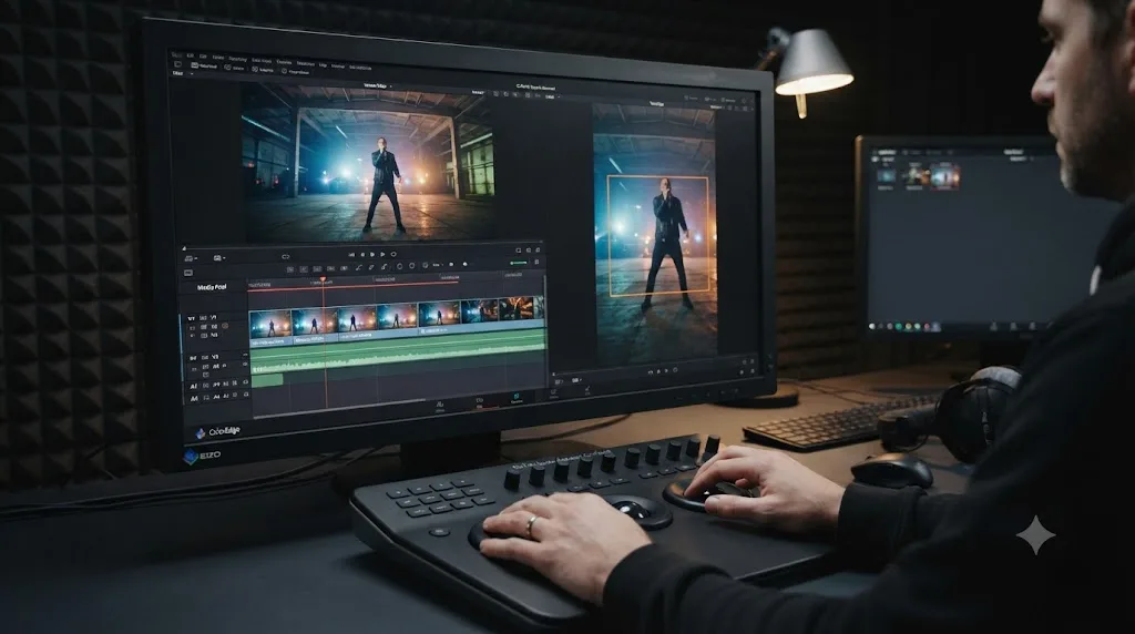 Illustration of a DaVinci Resolve horizontal timeline duplicated into a vertical 9:16 timeline with a reframe crop box tracking a performer