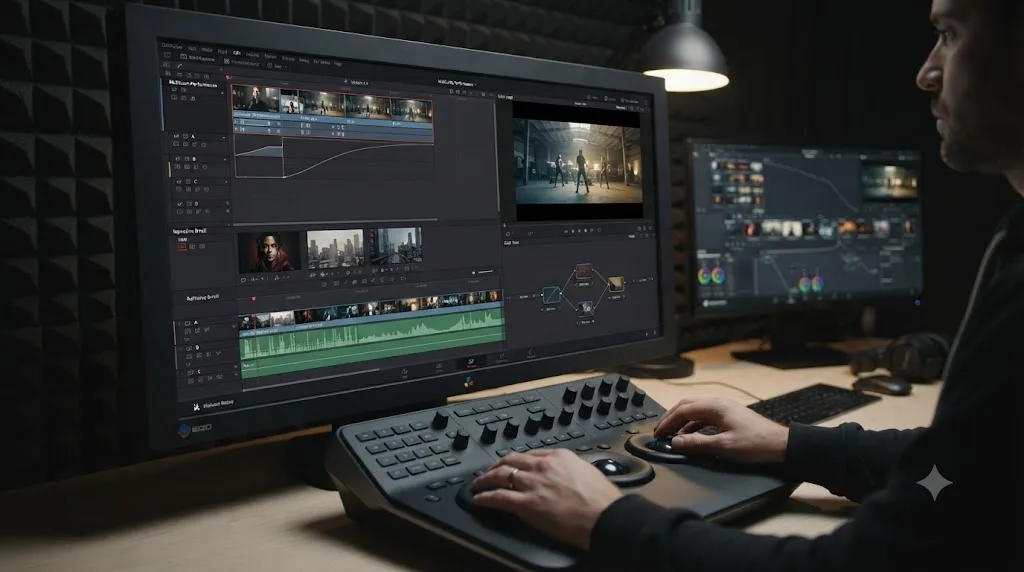 Illustration of a finished DaVinci Resolve timeline showing a multicam performance track, B-roll, a speed ramp, and a split-tone color grade