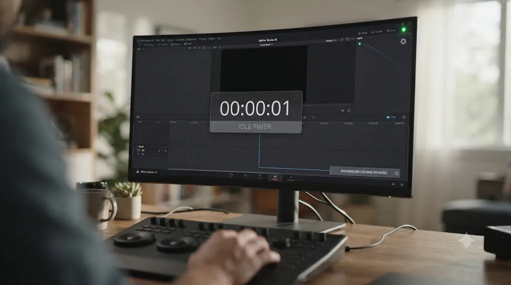 Illustration of a background caching timer triggering automatically after DaVinci Resolve goes idle