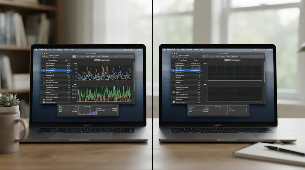 Illustration comparing an active DaVinci Resolve process with moving CPU and disk graphs against a flatlined crashed process