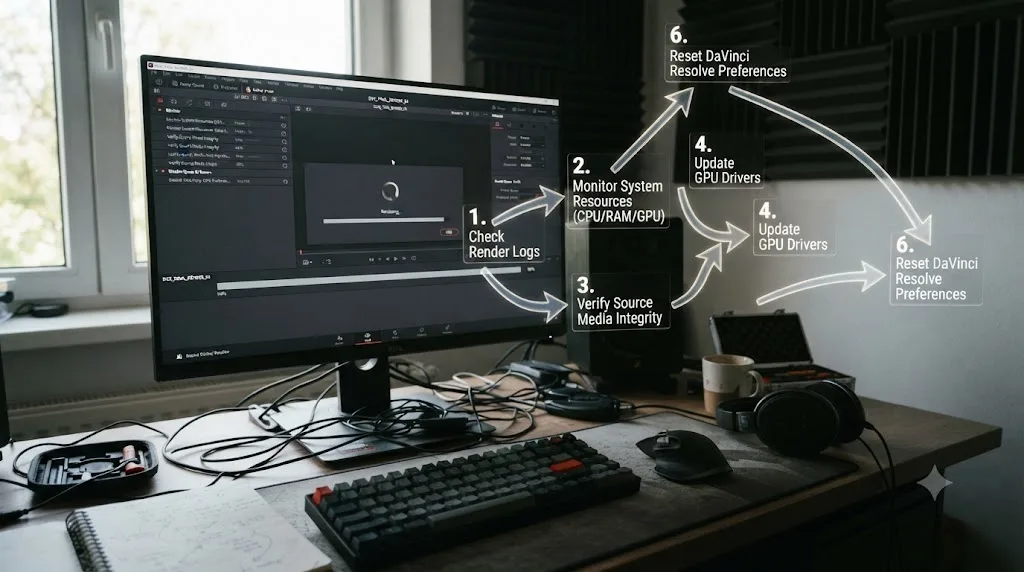 Illustration of a numbered troubleshooting checklist for a DaVinci Resolve freeze after render