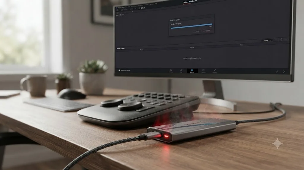 Illustration of a nearly full cache drive straining under a DaVinci Resolve background write after a render