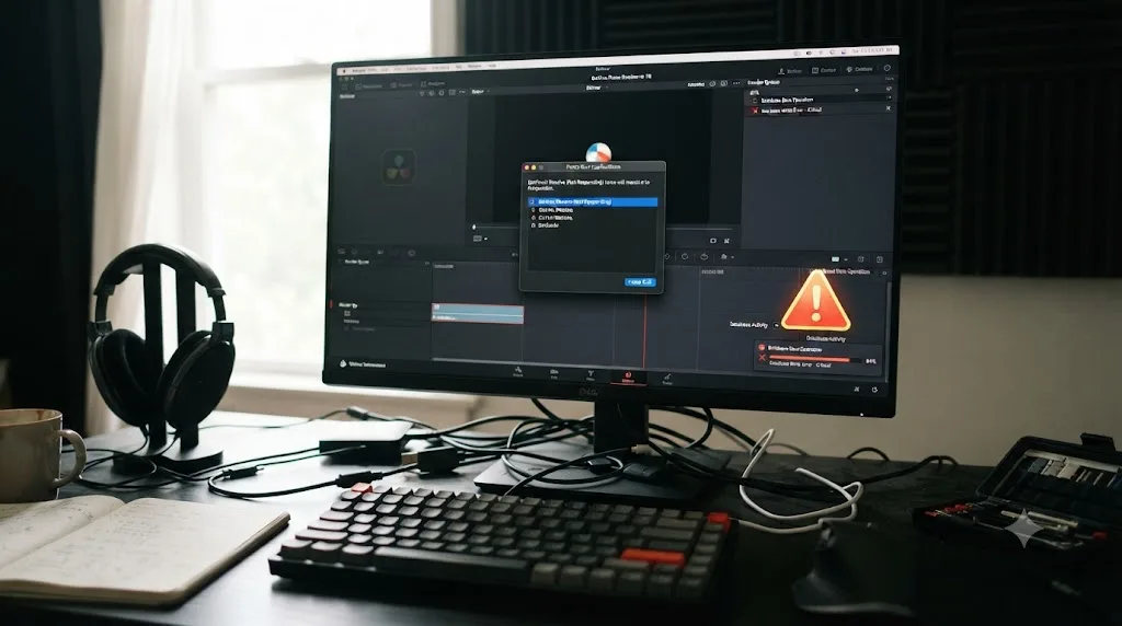 Illustration of a Force Quit dialog over a frozen DaVinci Resolve window with a caution icon over an in-progress save