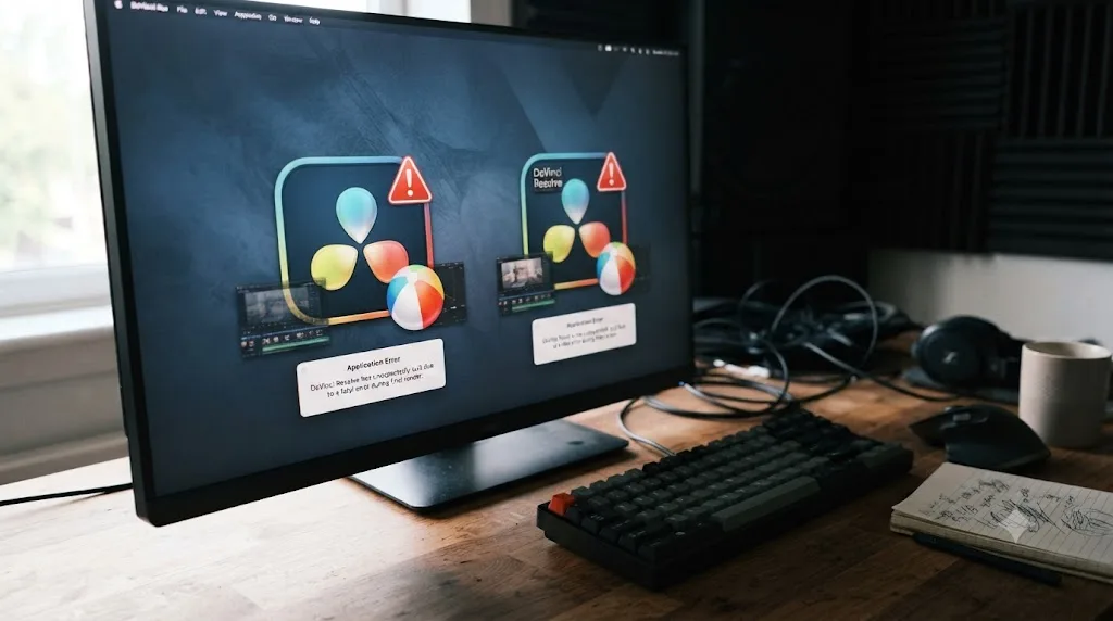 Illustration of DaVinci Resolve free and Studio edition icons both frozen identically after a render finishes