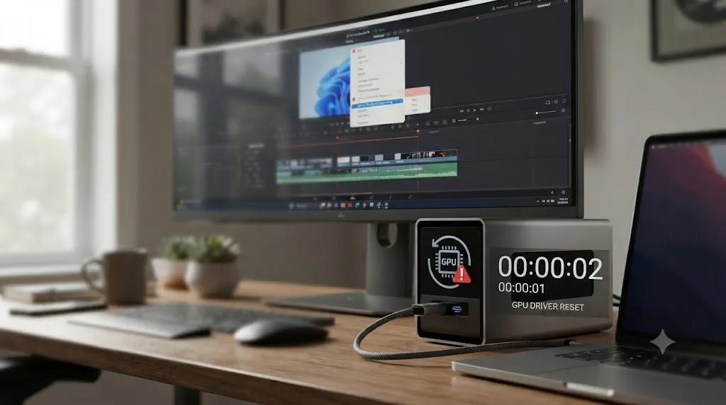 Illustration of a GPU driver reset with a two-second timeout beside a frozen DaVinci Resolve window on Windows