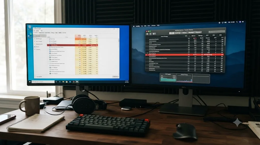 Illustration comparing a Windows Task Manager view and a macOS Activity Monitor view of a frozen DaVinci Resolve process