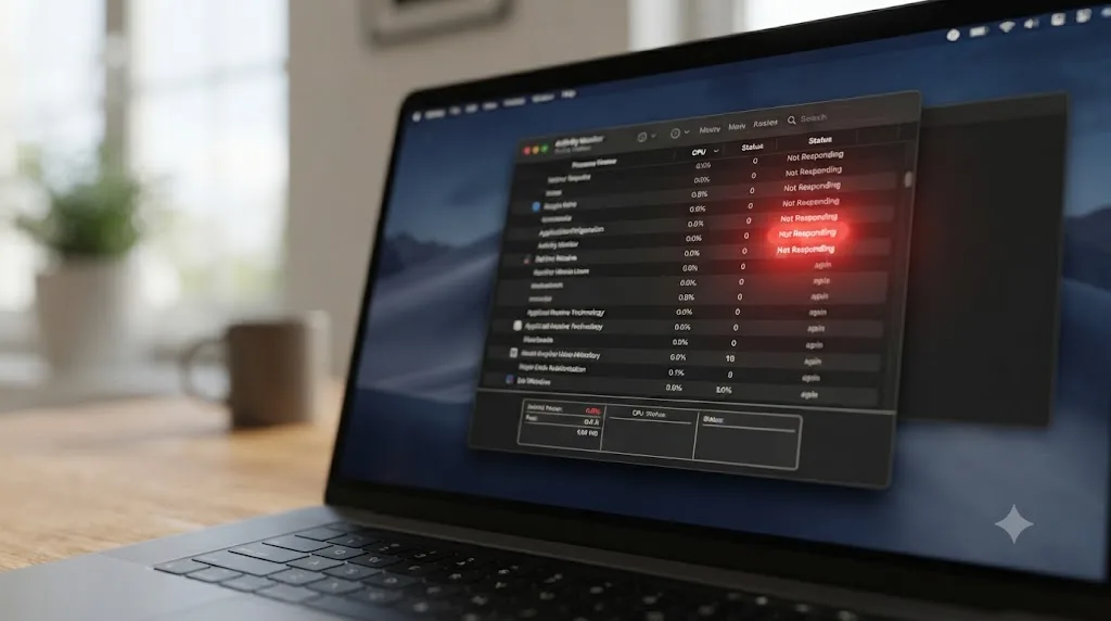 Illustration of a Not Responding badge glowing over a DaVinci Resolve window in a system activity monitor