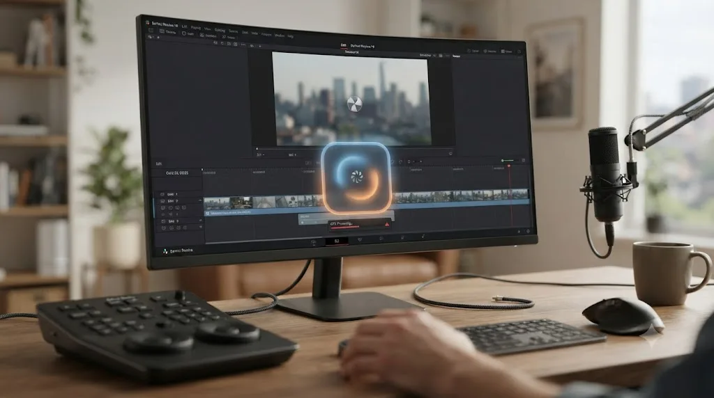 Illustration of a DaVinci Resolve OFX plugin icon stuck mid-process while the timeline sits frozen