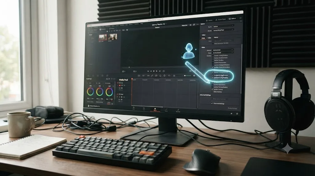 Illustration of an on-screen assistant drawing a glowing outline around a setting on the DaVinci Resolve Deliver page