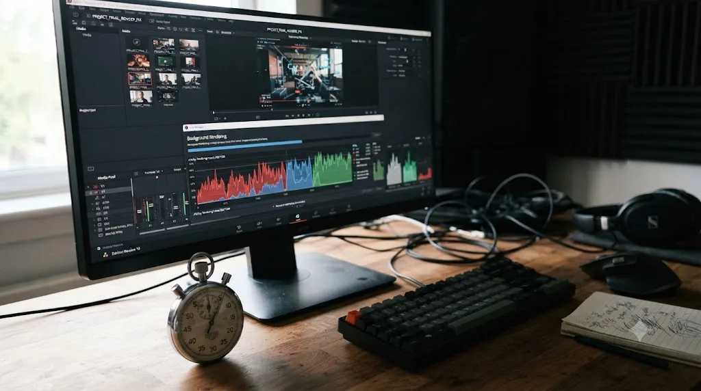 Illustration of a stopwatch beside a DaVinci Resolve window with a system activity graph replacing a fixed countdown