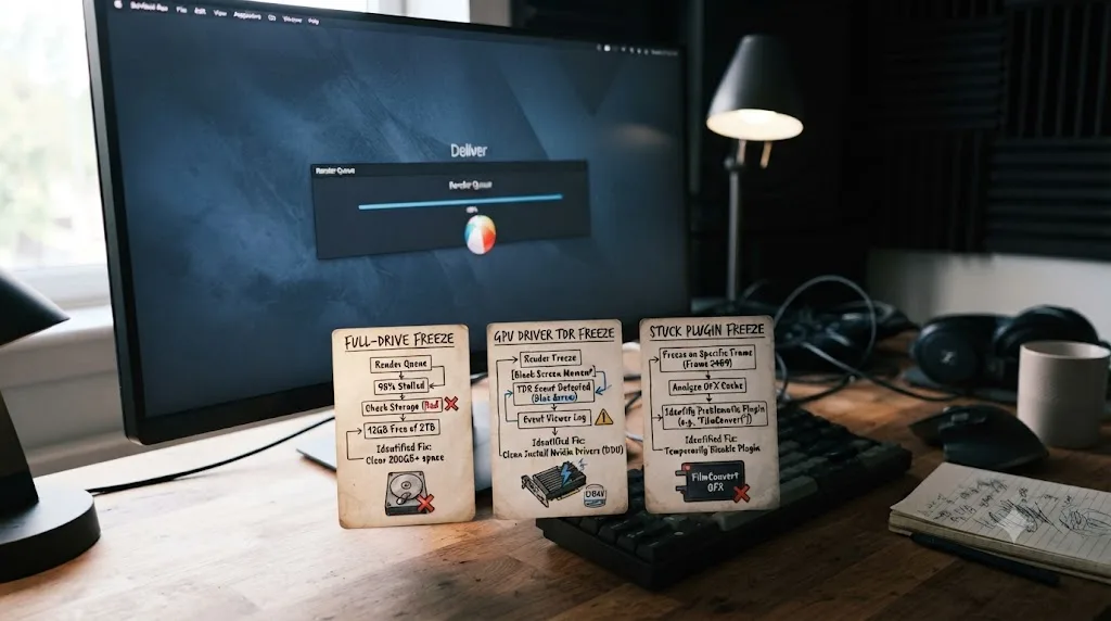 Illustration of three worked diagnostic examples for DaVinci Resolve freezing after render, each showing its identified fix