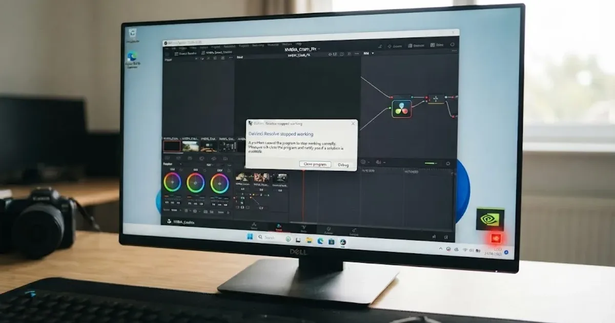 Illustration of a DaVinci Resolve window crashing on a Windows desktop while an NVIDIA graphics card icon flickers red