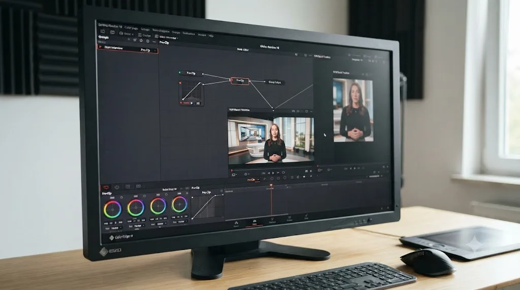 Illustration of a DaVinci Resolve Color Group Pre-Clip grade applied consistently across two different timelines