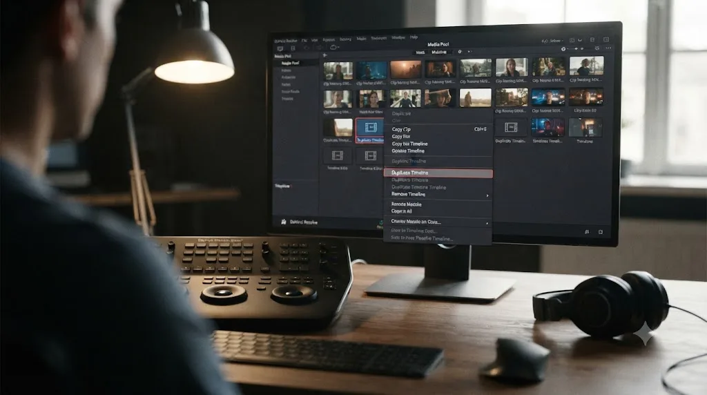 Illustration of a DaVinci Resolve Media Pool context menu with Duplicate Timeline highlighted