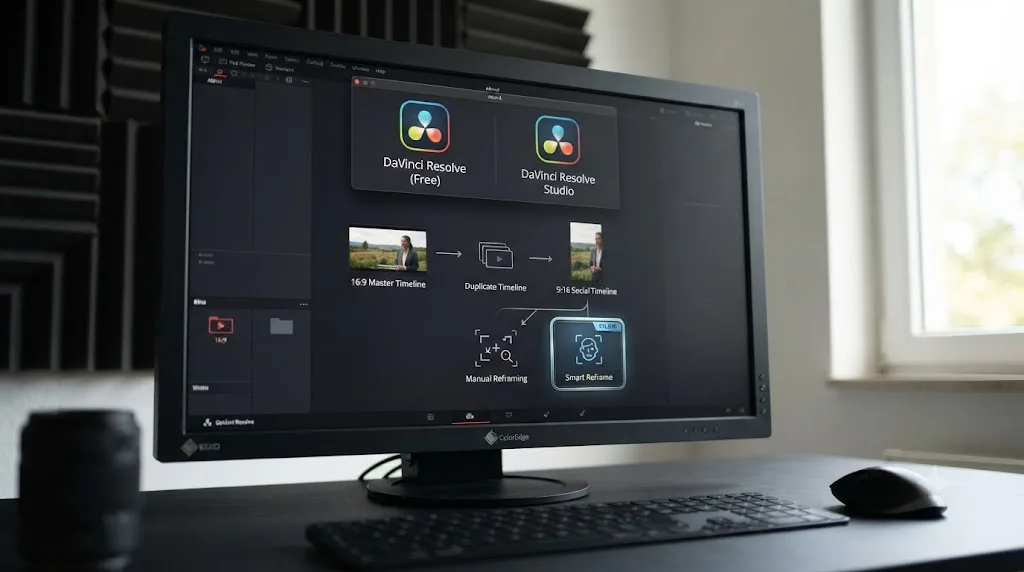 Illustration comparing DaVinci Resolve free and Studio editions for the duplicate-and-reframe workflow