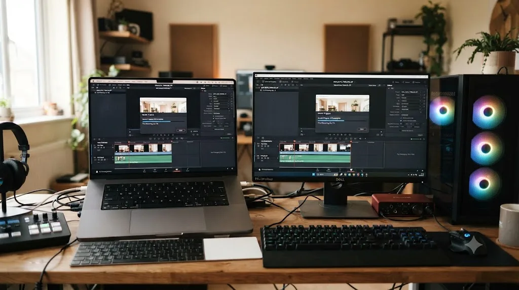 Illustration comparing DaVinci Resolve's duplicate-timeline workflow running identically on Mac and Windows