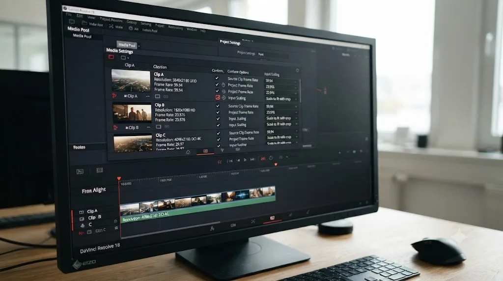 Illustration of mixed-resolution and mixed-frame-rate clips being conformed in DaVinci Resolve before aspect ratio conversion