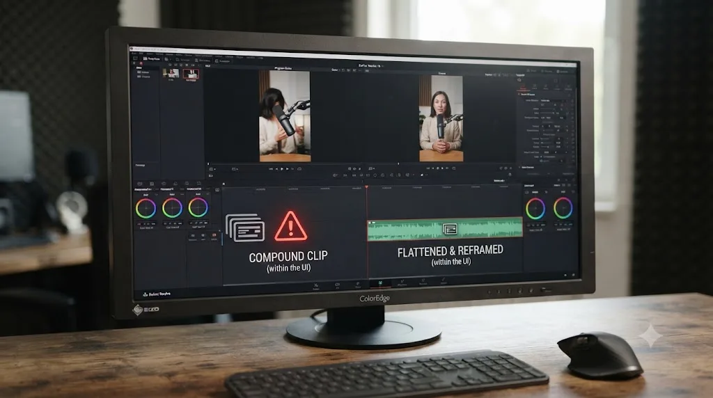 Illustration of a DaVinci Resolve compound clip flagged with a warning before being flattened for safe reframing