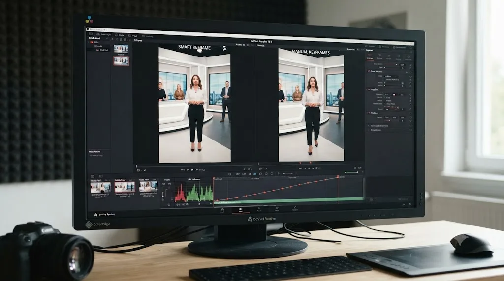 Illustration comparing DaVinci Resolve's Smart Reframe tool with manual Transform keyframe reframing on the same clip