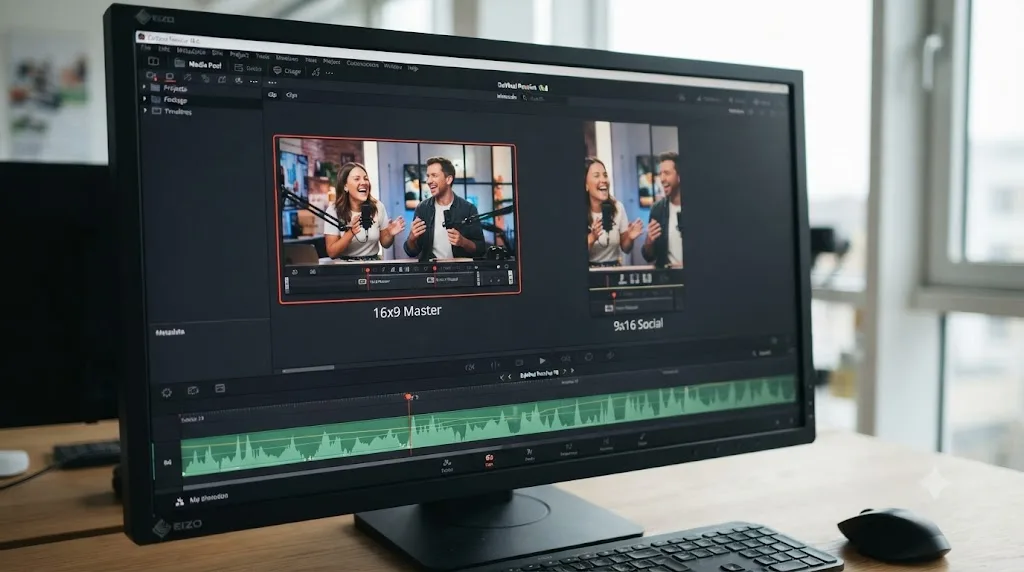 Illustration of two identically edited DaVinci Resolve timeline thumbnails, one labeled for 16:9 and one for 9:16 delivery