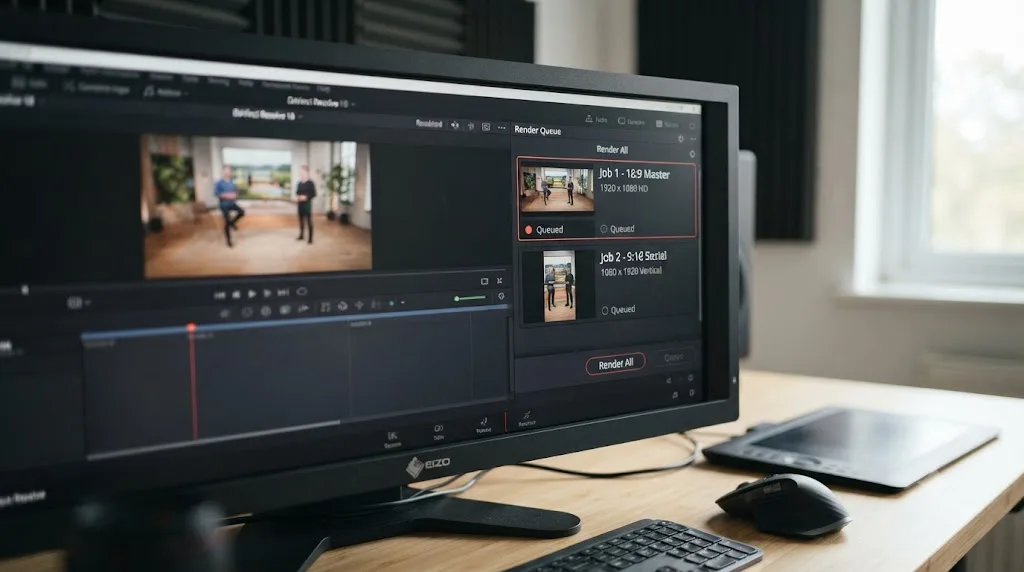 Illustration of a DaVinci Resolve render queue with a 16:9 job and a 9:16 job queued together