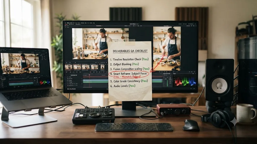 Illustration of a troubleshooting checklist overlaid on side-by-side DaVinci Resolve 16:9 and 9:16 exports
