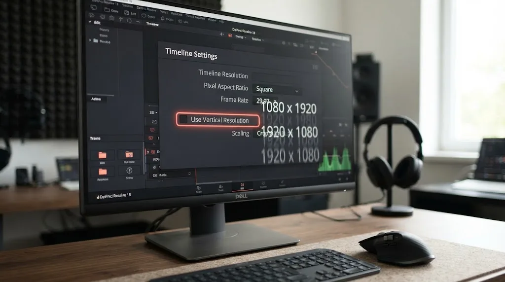Illustration of a DaVinci Resolve Timeline Settings panel with the Use Vertical Resolution checkbox highlighted