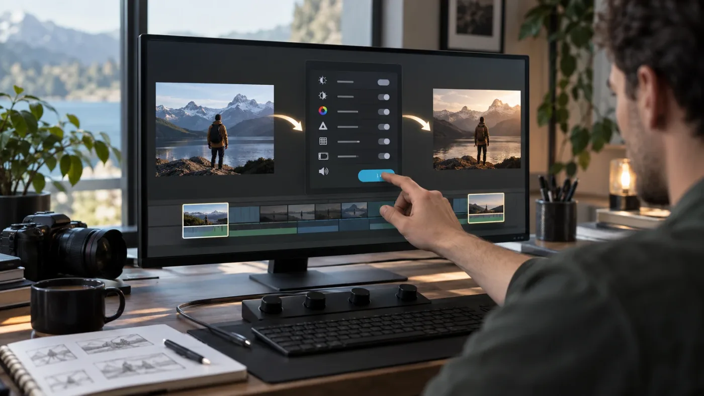 Illustration of a DaVinci Resolve timeline showing Paste Attributes moving settings between clips