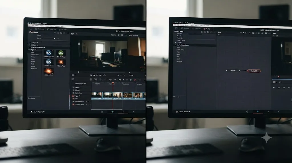 Illustration of a troubleshooting checklist overlaid on a DaVinci Resolve timeline showing a Smart Filter search, an OFX folder, and a Video Plug-Ins checkbox as resolved steps