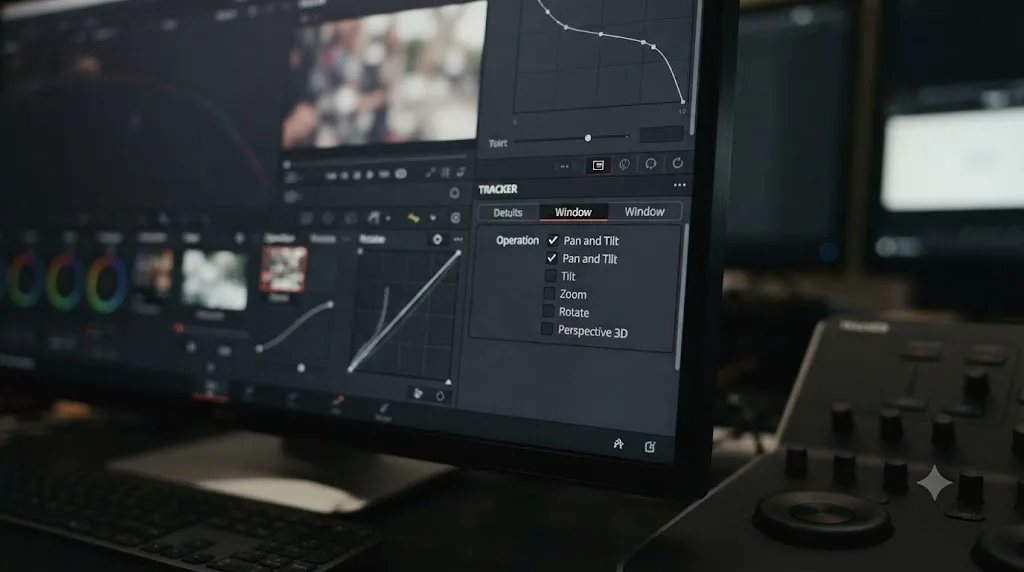 Illustration of the Pan, Tilt, Zoom, Rotate, and Perspective 3D checkboxes in the DaVinci Resolve tracker palette