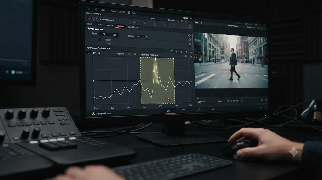 Illustration of a spike in the DaVinci Resolve tracker graph being selected and cleared