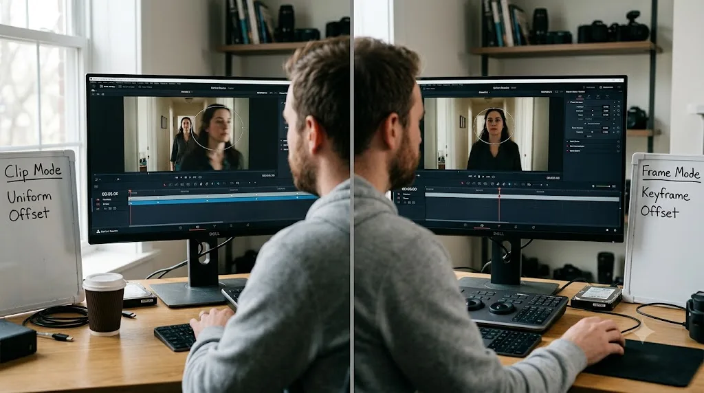 Illustration comparing DaVinci Resolve's Clip mode uniform offset to Frame mode single-keyframe correction